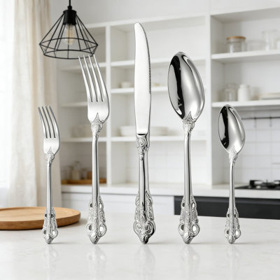 20-Piece Premium 304 Stainless Steel Cutlery Set, Heavy Duty Embossed Forged Dinnerware For Formal Dining, Banquet, And Dessert Service
