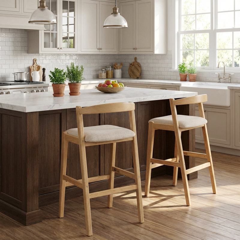Tabouret de bar d'intérieur en bois d'hévéa, finition naturelle et revêtement beige, ensemble de 2