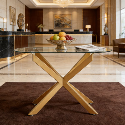 Modern Gold Console Table With Tempered Glass Top And Geometric Metal Base - Narrow Entryway, Hallway, Or Living Room Sofa Table