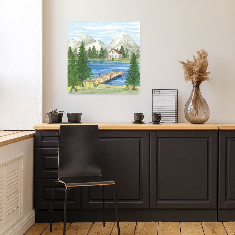 Quai au lac, paysage abstrait, art d'été, H 18 po x l 18 po