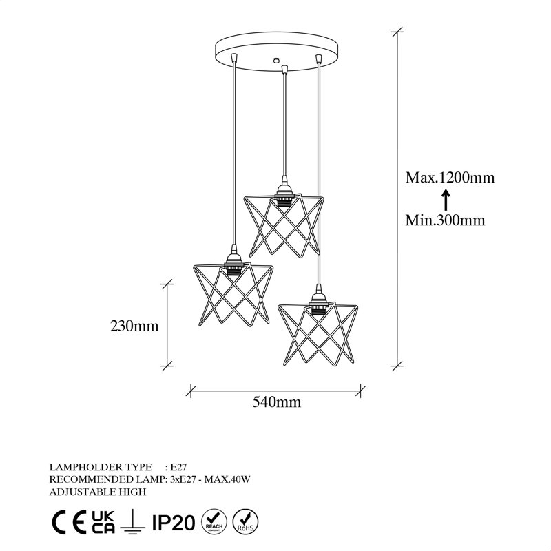 Luminaire suspendu en grappe à 3 lumières
