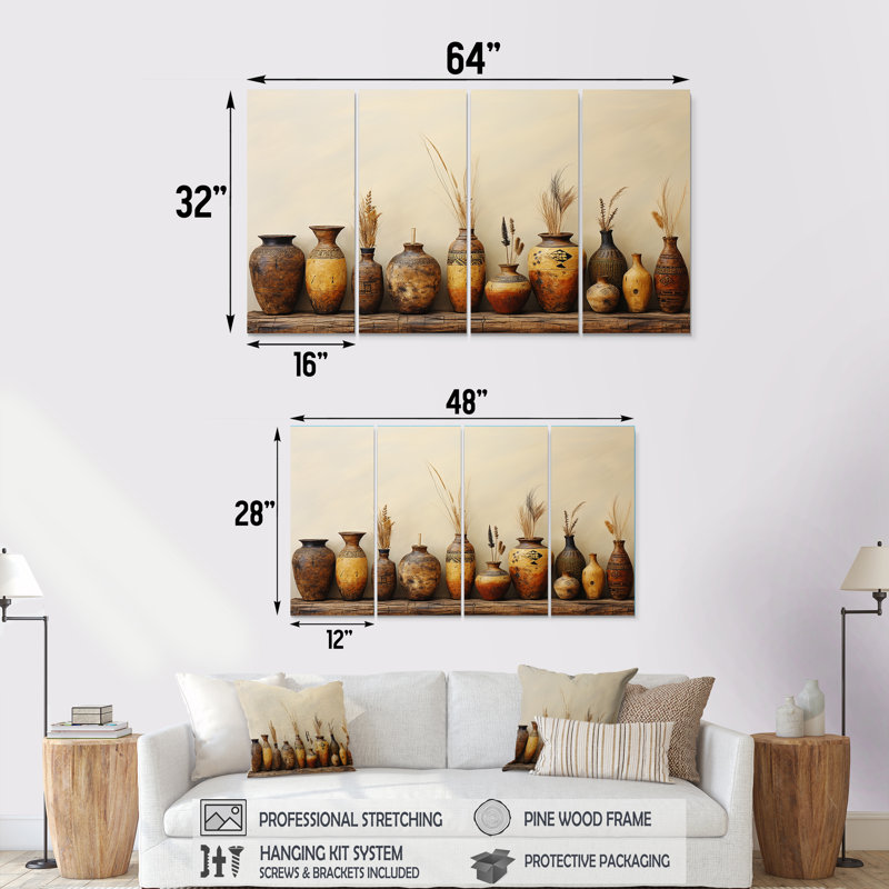 «Brown Minimalisme Pottery Formation - Boho Pottery», art mural 4 pièces pour le salon, H 32 po x l 64 po
