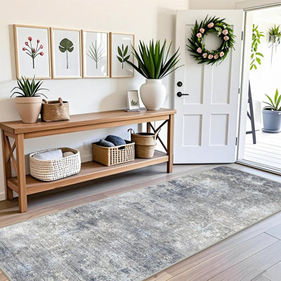Washable Kitchen Rug - Non Slip Stain Resistant Low-Pile Thin Wide Carpet for Entryway Hallway Bathroom Bedside,Modern Neutral Abstract(Blue Grey)