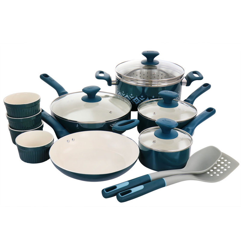 Batterie de cuisine antiadhésive en aluminium 16 pièces Spice par Tia Mowry, Bleu sarcelle