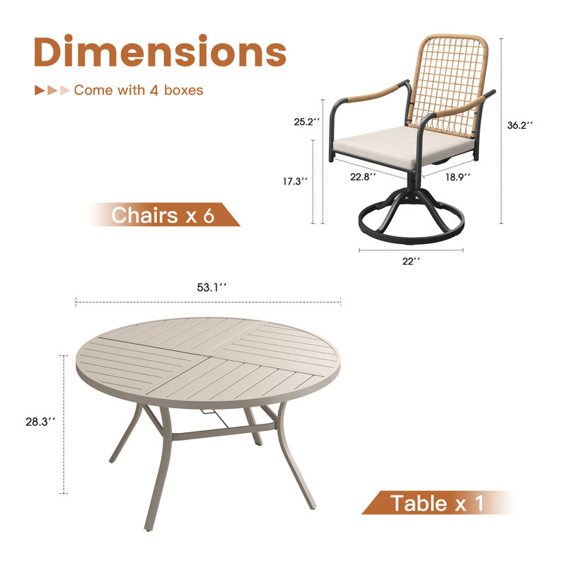 6-Person 53" Round Outdoor Dining Set With Cushioned Swivel Woven Rattan Chairs, Beige