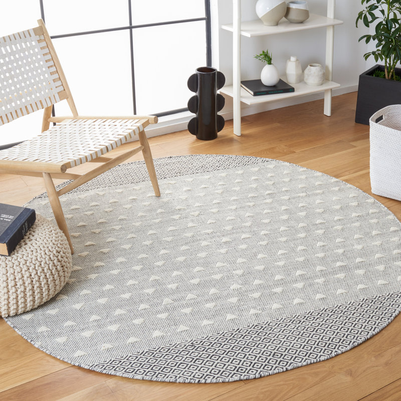 Tapis marocain en laine / coton tissé à plat marocain noir / ivoire, Rond 6 pi