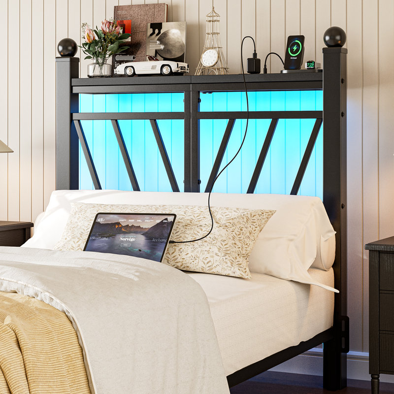  Metal Twin/Twin Xl Size Headboard With Storage, 60,000 Diy Color Of Led Lights, Head Board With Charging Station, Modern Freestanding Headboard Only, Easy Assembly, Black