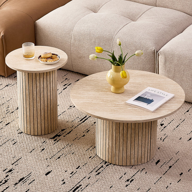 2-Piece Modern Round Coffee Table Set, 27.6"/15.7" Groove Line Cylinder, Beige Stone