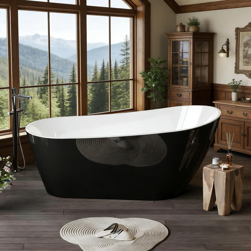 Deep Freestanding Acrylic Bathtub with Chrome Drain, Ergonomic Shape Tub for Bathroom