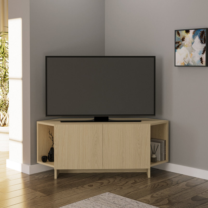 Ola Corner TV Unit for TVs up to 50 Inch, TV Stand with Storage Cabinet & Shelves, Light Oak