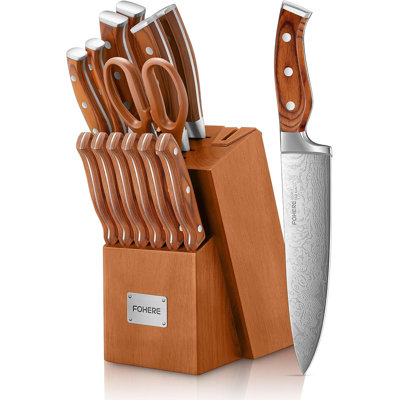 FOHERE 14 Pieces Knife Set with Wooden Block Stainless Steel Knives Set with Built-in Sharpener, Brown