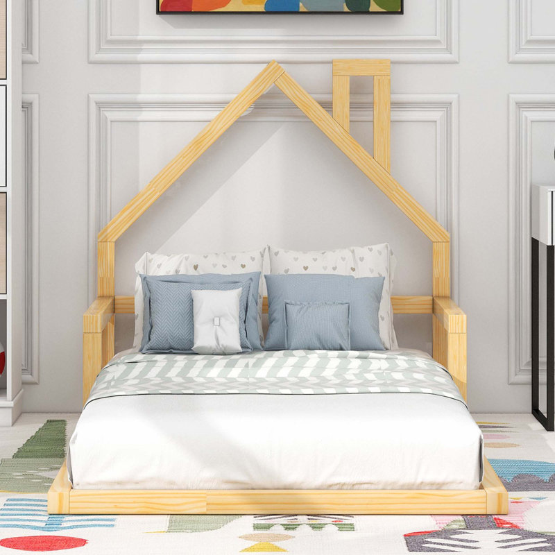 Lit en bois avec tête de lit en bois, Naturel, Simple