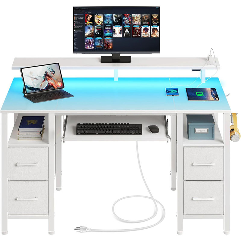 Computer Desk With LED Lights & Power Outlets, Home Office Desk With 4 Drawers, Writing Desk With Keyboard Tray, Study De Sk With Monitor Stand, Work For Home Office