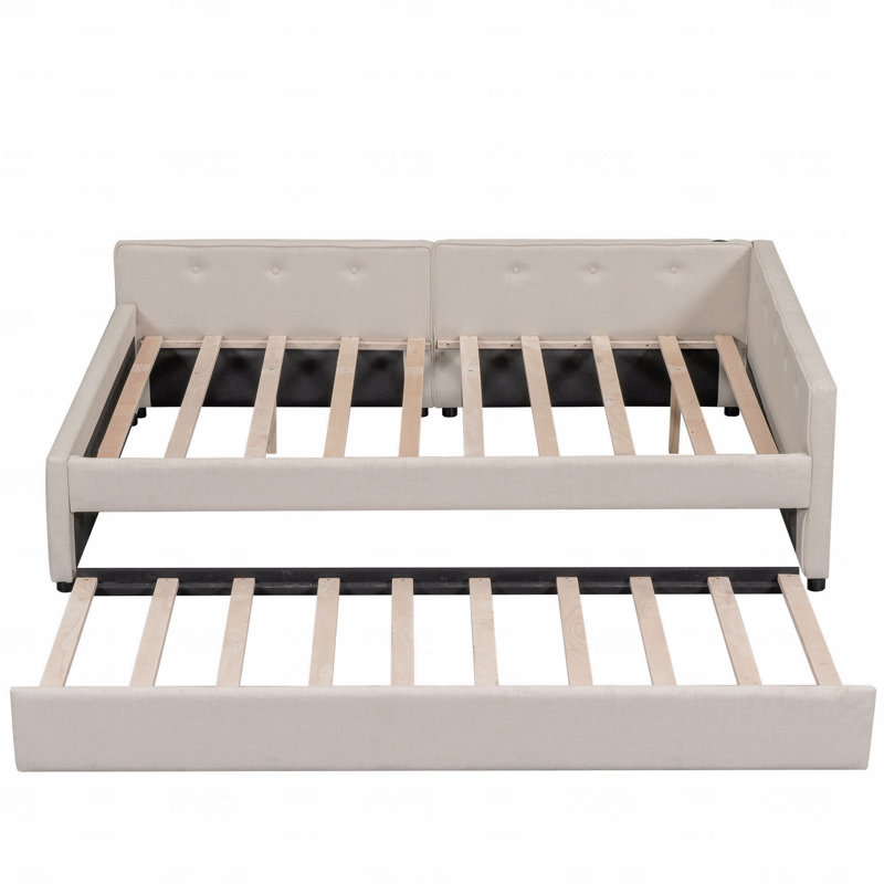Lit plateforme double tapissier avec USB et lit gigogne simple, Lit double