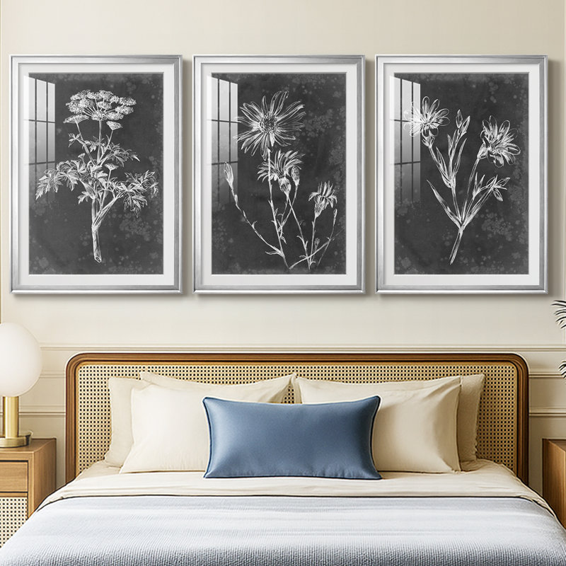 Ardoise florale II - reproduction encadrée sur mesure de qualité supérieure mate - 3 pièces, H 27 po x l 39 po, Argent argent