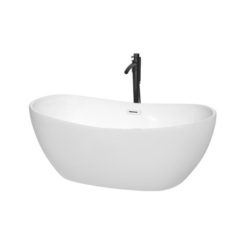 Rebecca 60'' x 32'' Freestanding Soaking Acrylic Bathtub with Faucet, White/Shiny White/Matte Black