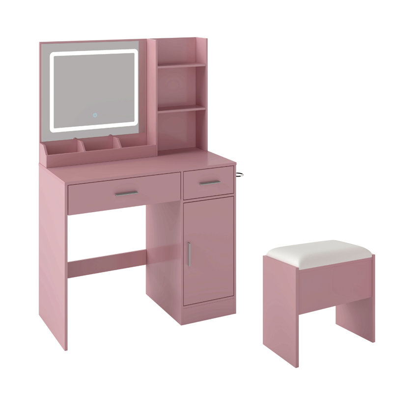Makeup Vanity Set, Vanity Desk With Stool, Led Light Mirror And Charging Station, Pink