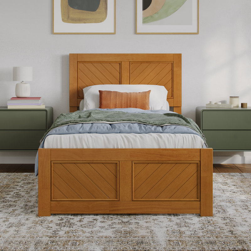 Jeinny Solid Wood Low Profile Platform Bed with Matching Footboard, Light Toffee, Twin XL