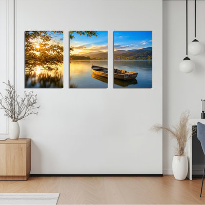 «Sunset Lake Boat Scene», ensemble de 3 reproductions d'art sur toile tendues sur toile