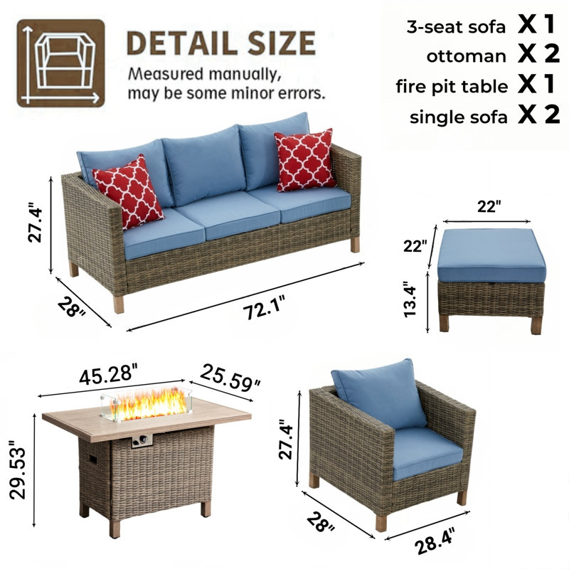 6-piece Outdoor Wicker Patio Conversation Furniture Set With Fire Pit Table, Blue