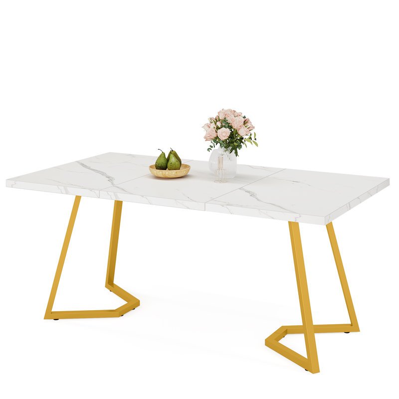 Medor 55" Dining Table, Modern Rectangle Dining Room Table for 4, White, Gold