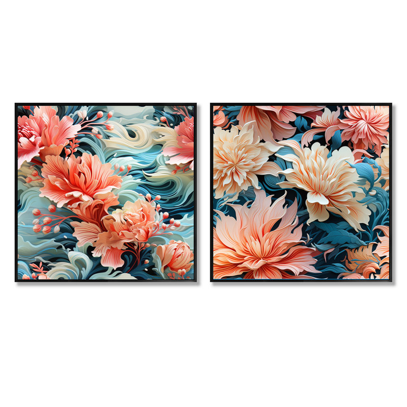 Midland - Ensemble de 2 collages carrés floraux, Cadre flottant noir, H 16 po x l 33 po