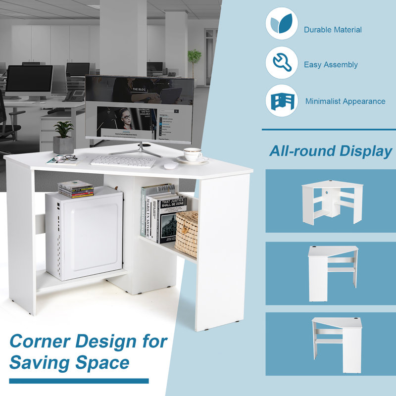 White Compact Corner Computer Desk with Storage Shelves
