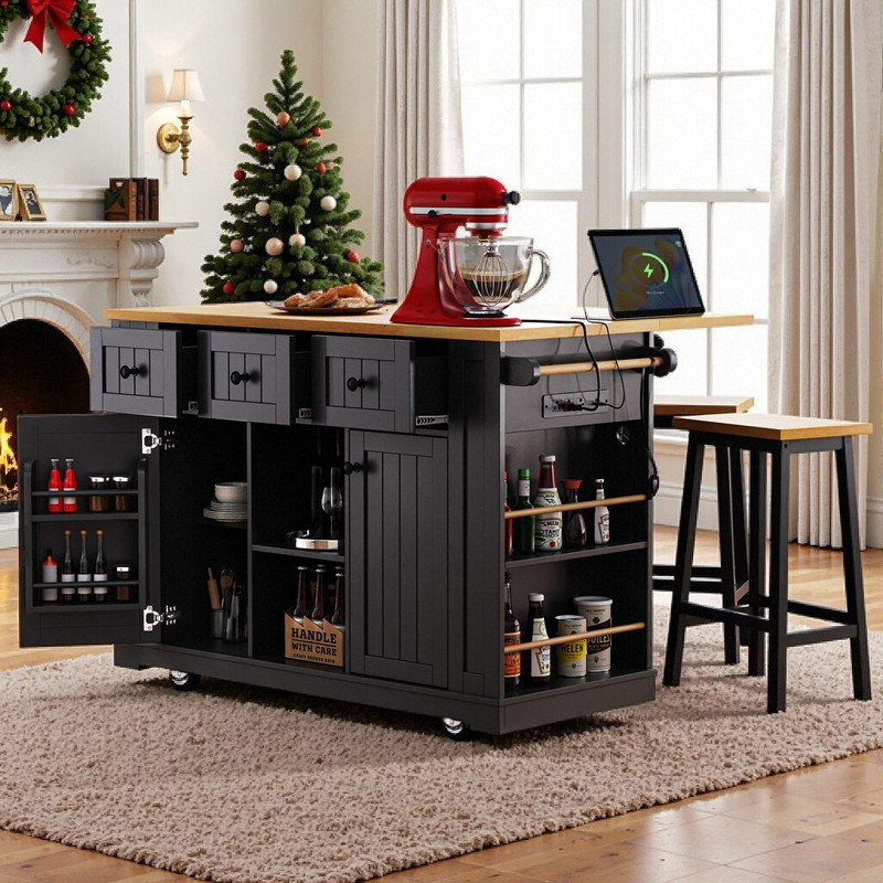 Chariot mobile pour îlot de cuisine avec abattant, prise électrique, supports, Noir