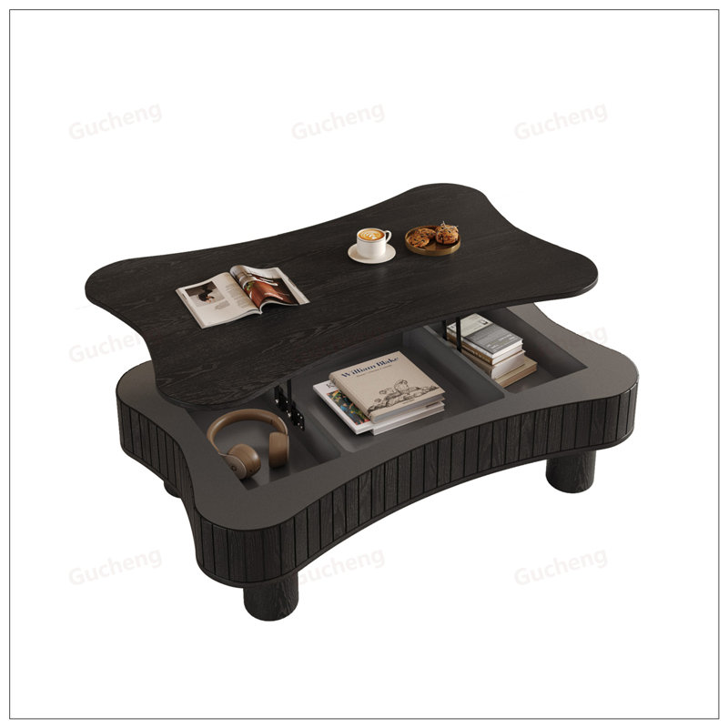Table basse à plateau relevable avec panneaux cannelés, rangement dissimulé et système de levage hydraulique silencieux pour les salons modernes