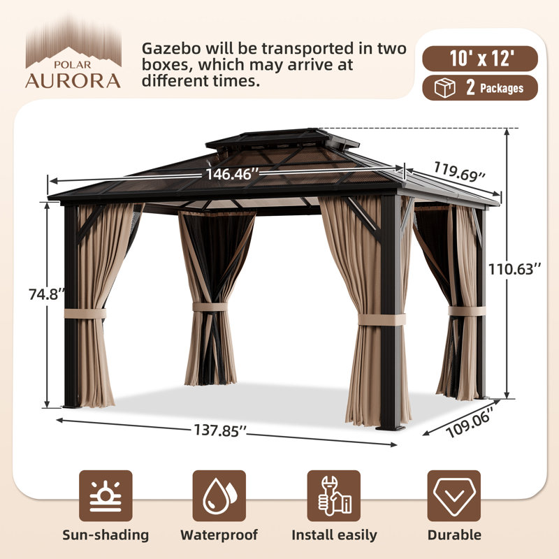 Pavillon de jardin l 12 pi x P 10 pi avec toit en polycarbonate à deux niveaux et structure en aluminium, 12 Ft. W x 10 Ft. D