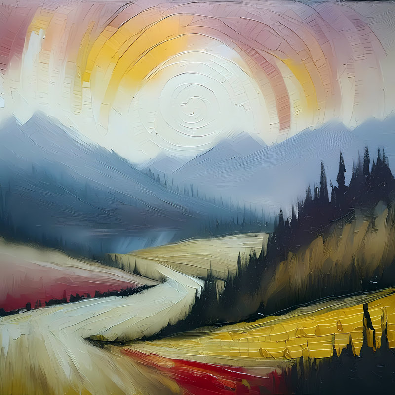 Crépuscule au-dessus des montagnes, H 30 po x l 30 po