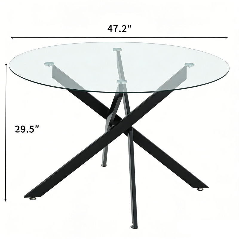 Modern 47" Round Dining Table for 4 6 People, Glass Kitchen Dining Room Table with Metal Cross Legs, Space Saving Circle Dinner Tables for Dining Room, Kitchen, Living Room
