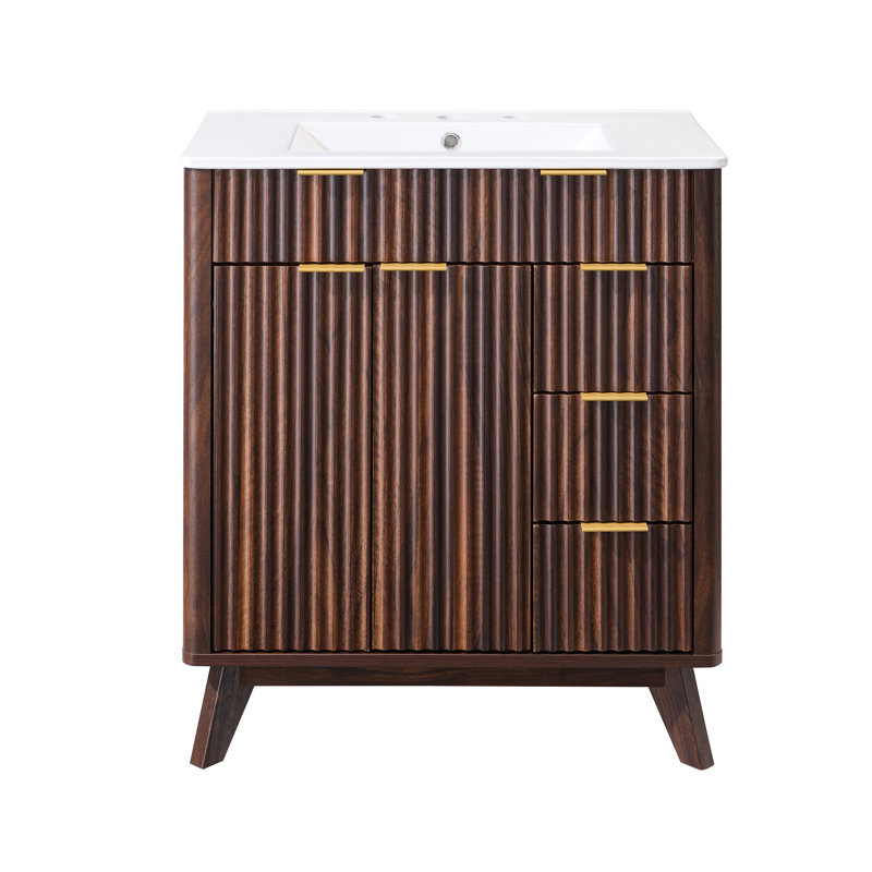 30'' Free-standing Bathroom Vanity With Engineered Stone Top, Soft-close Doors, Walnut