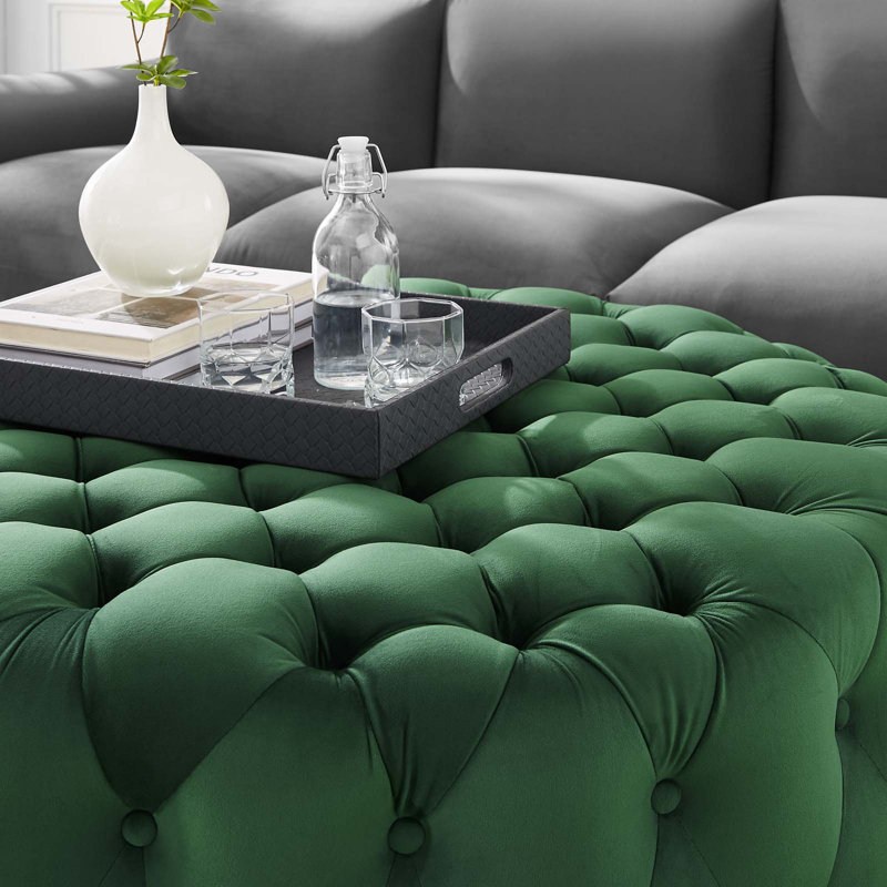 Modway Amour Tufted Button Large Round Performance Velvet Ottoman, Emerald Velvet