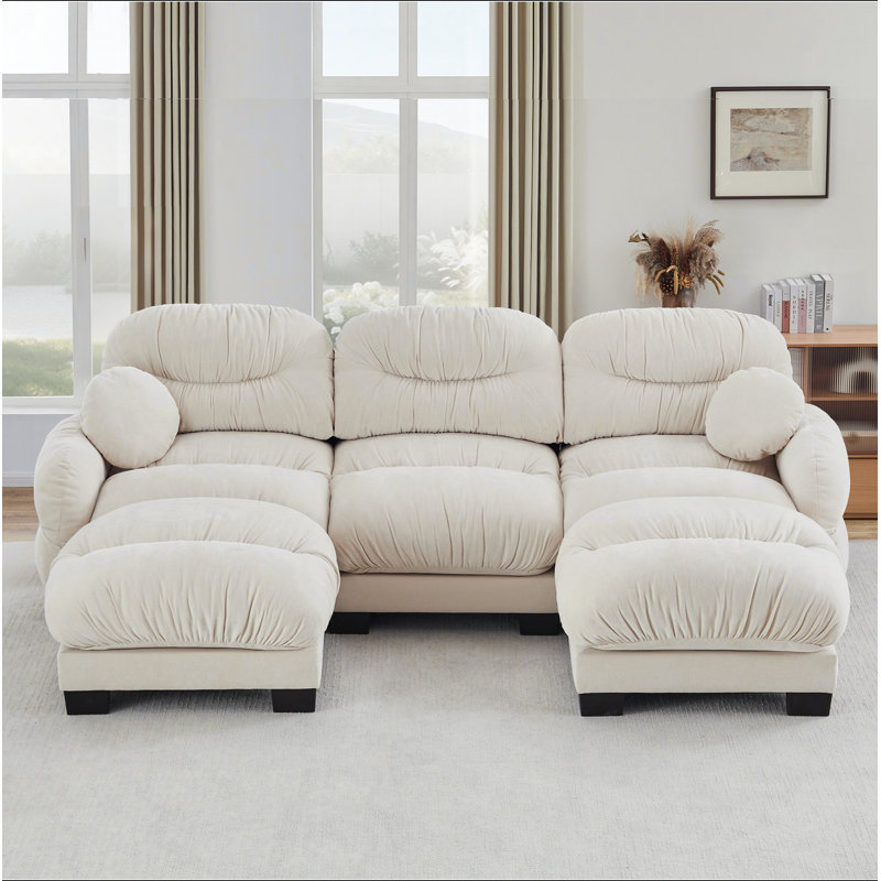 Canapé modulaire confortable en chenille plissé 3 places, Beige Chenille, 36.2" H x 116.1" W x 61.4" D