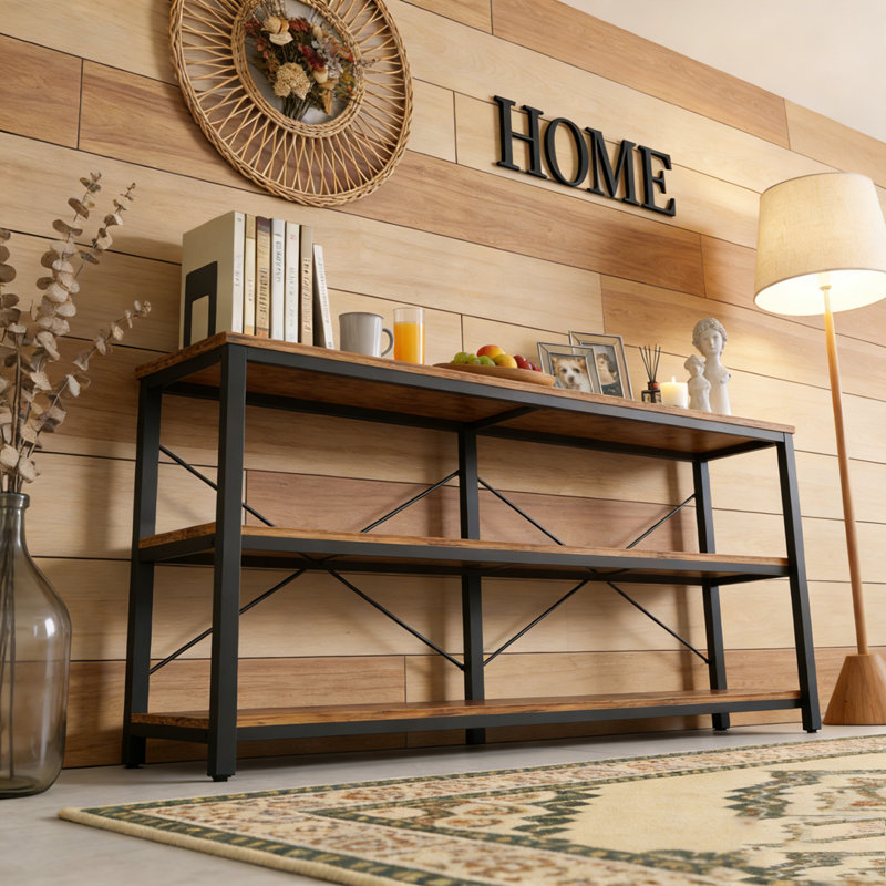 3-Tier Console Table Sofa Table with Metal Frame, Black & Brown