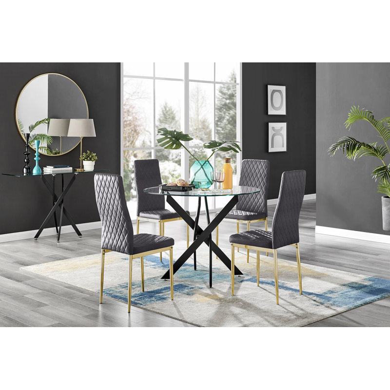 Bernell Modern Chrome Metal & Glass Round Dining Table Set with 4 Quilted Velvet Chairs, Black, 75 x 100 x 100cm, Grey/Black