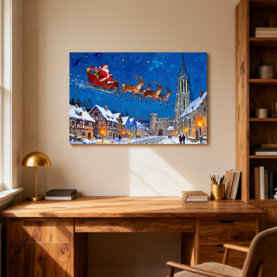 Noël père Noël survolant la ville enneigée