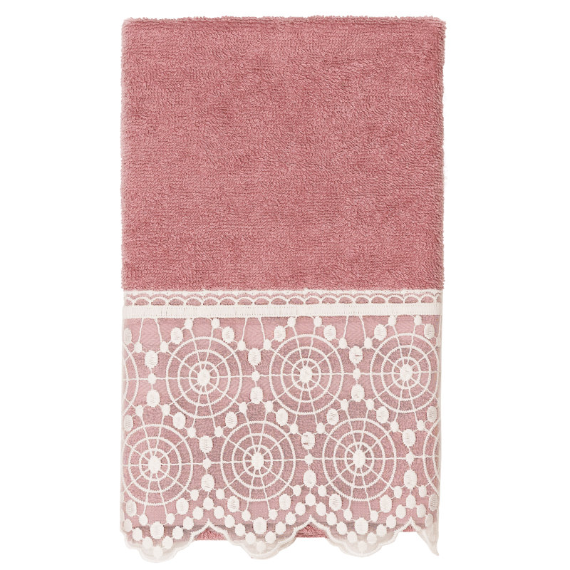 Valentina Turkish Cotton Lace Embellished Towel, 1 Bath Towel, 1 Washcloth, 1 Hand Towel, Tea Rose/White