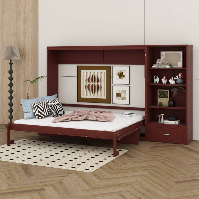 Grand lit escamotable avec rangement réglable, cadre de lit mural avec 4 compartiments, 1 grand tiroir, lit plateforme pliable