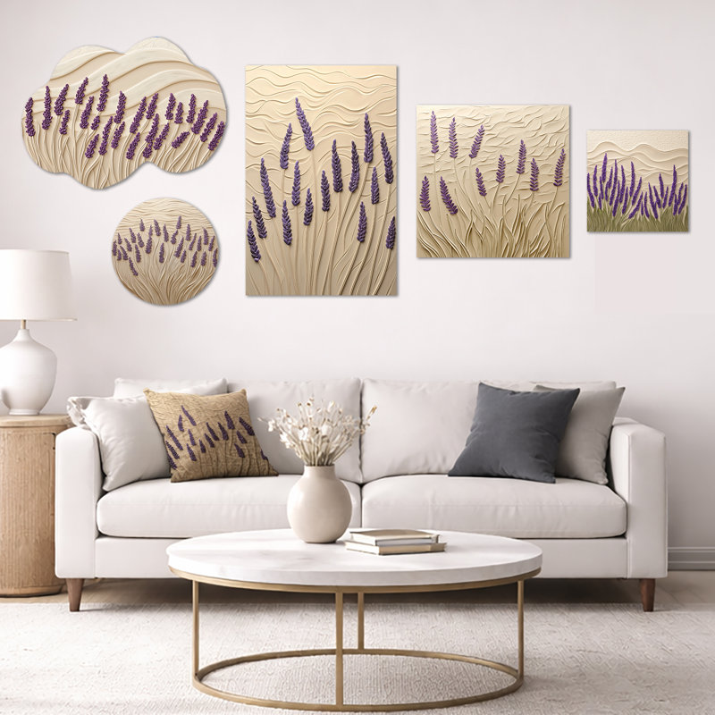 Lavender Whispers of Provence – Extra Large Floral Wall Decor, 5 Piece Framed Canvas and Metal Wall Art Set (100" x 40")