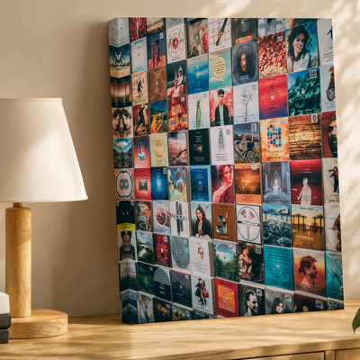 Toile, un collage dynamique de couvertures d'albums diverses disposées dans un art mural, une grille dynamique mettant en vedette une variété de styles artistiques et de couleurs sur toile