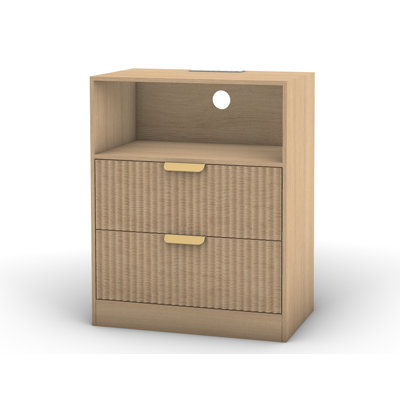Table de chevet cannelée à 2 tiroirs de 60 cm de large avec station de recharge et compartiment de rangement ouvert, meuble de rangement de chevet pour chambre à coucher