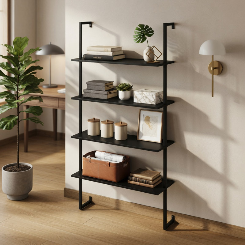 4-Tier Wall Mounted Ladder Shelf, Metal Frame with Engineered Wood Shelves for Living Room, Bedroom, Kitchen & Office, Black