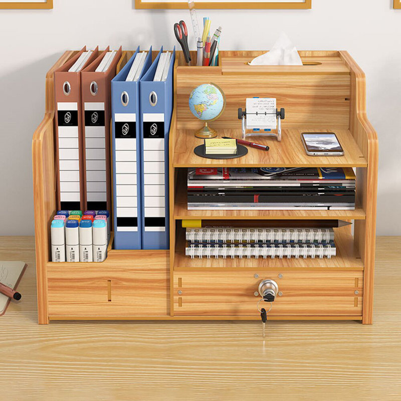 4 Tier Wooden Office Desk Storage Shelf with File Sorter, Desktop File Holder Stationery Organizer Rack for Home Office Study