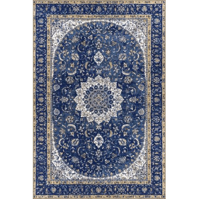 Navy Themed Traditional Motif Ethnic Floral Patterned Vintage Decorative Rug