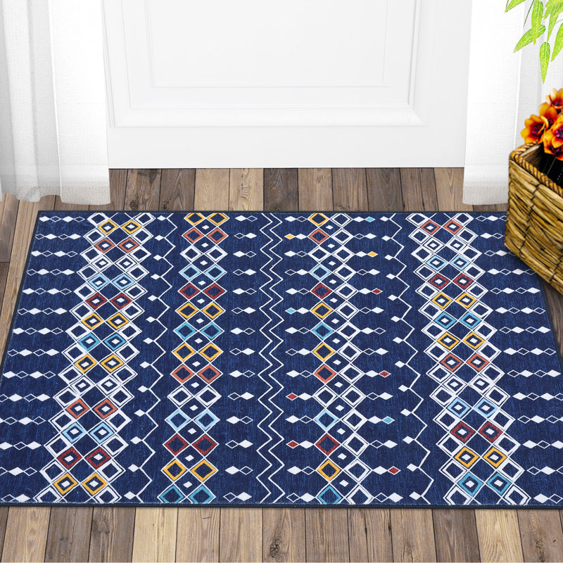 Tapis bleu / blanc en polyester tissé à la machine Klodian, Rectangle 2 pi x 3 pi