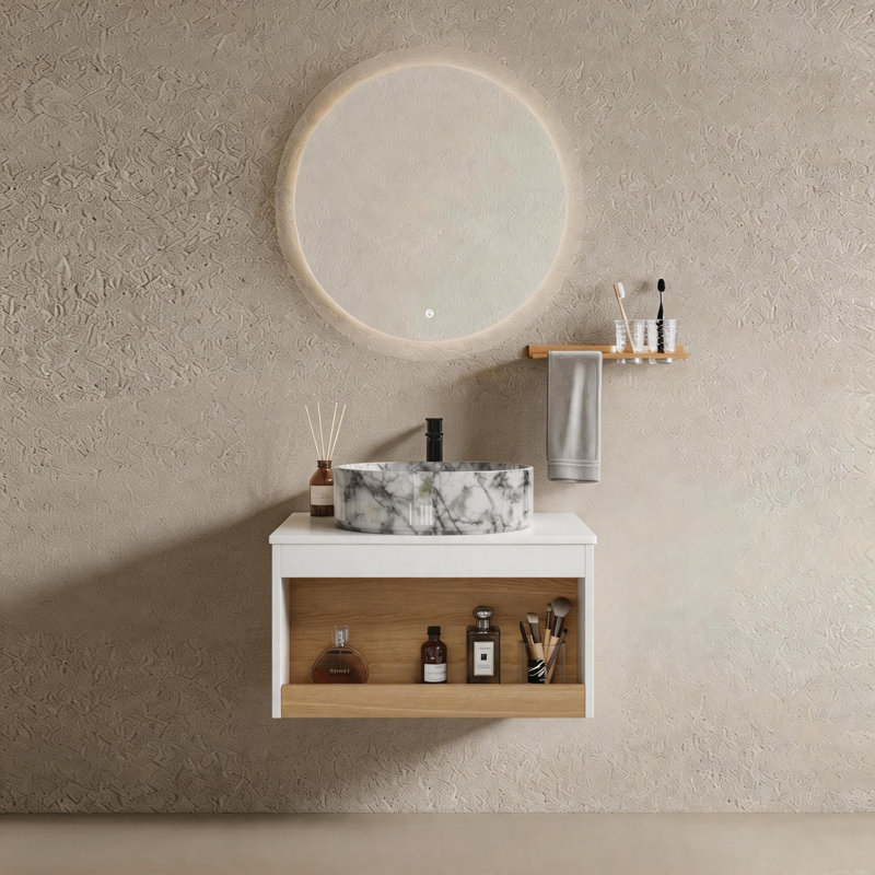Ensemble de meuble-lavabo flottant moderne avec lavabo vasque en céramique et tablette ouverte 24 po Reagan, Gris / Blanc
