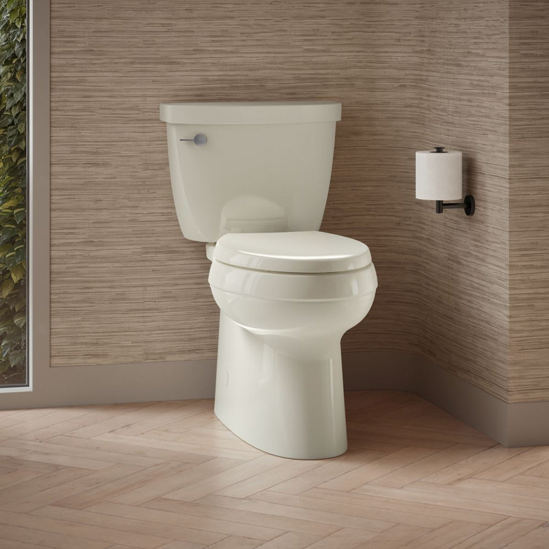 Toilette allongée deux pièces avec siphon à jupe Cimarron, 1,28 gallon par pouce carré, Biscuit, Gauche