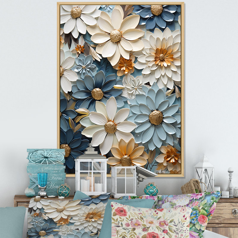 «Vibrant Blue White Zinnias Collage» sur toile, Cadre naturel flottant, H 40 po x l 30 po x P 1,5 po